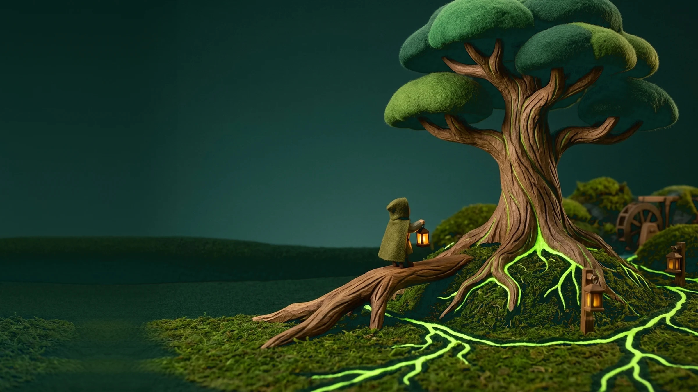 A handcrafted oak-wood and wool-felt diorama of the giant Oak tree at dusk. A cloaked wooden agent holds a warm lantern on a root bridge while glowing lime roots branch across green moss.