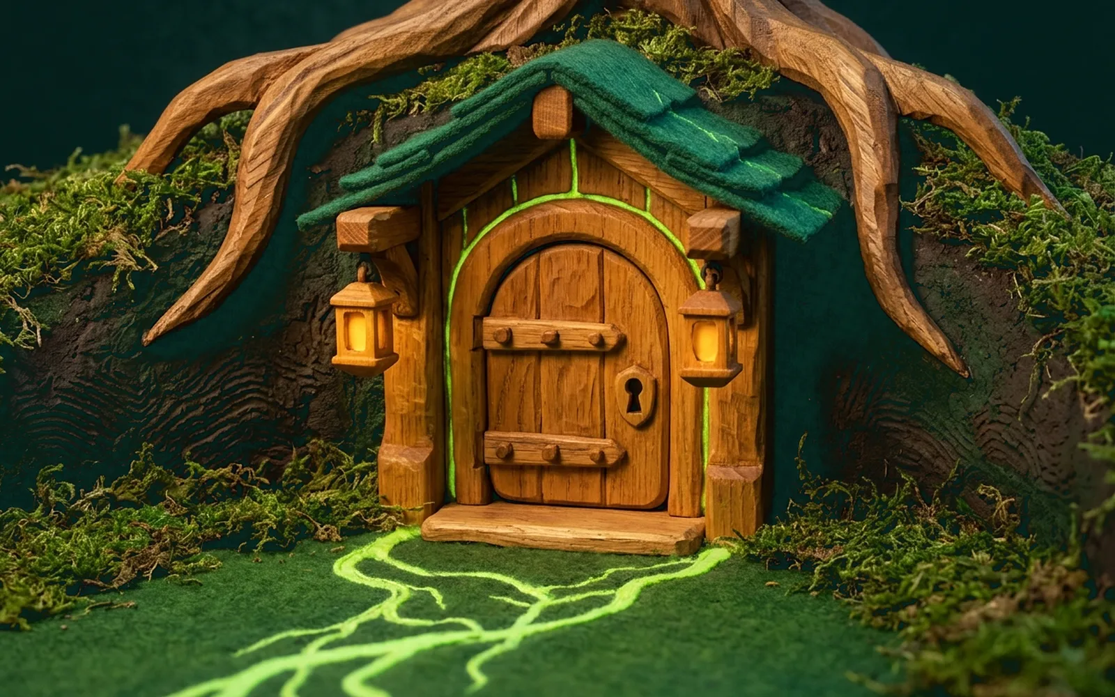 A sturdy hand-carved oak gatehouse tucked beneath massive oak roots, with a bolted wooden vault door, an emerald wool-felt roof, two warm lanterns and a glowing lime root path across the moss.