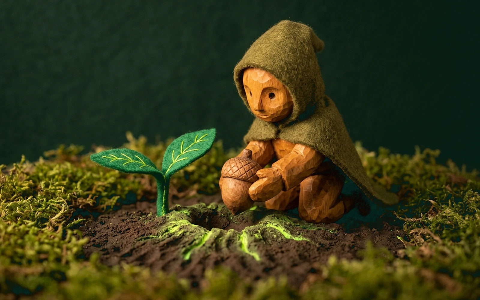 A hooded olive-felt wooden agent kneels in a mossy clearing to plant a carved oak acorn beside a two-leaf emerald felt sprout, as soft lime light wakes in the soil.